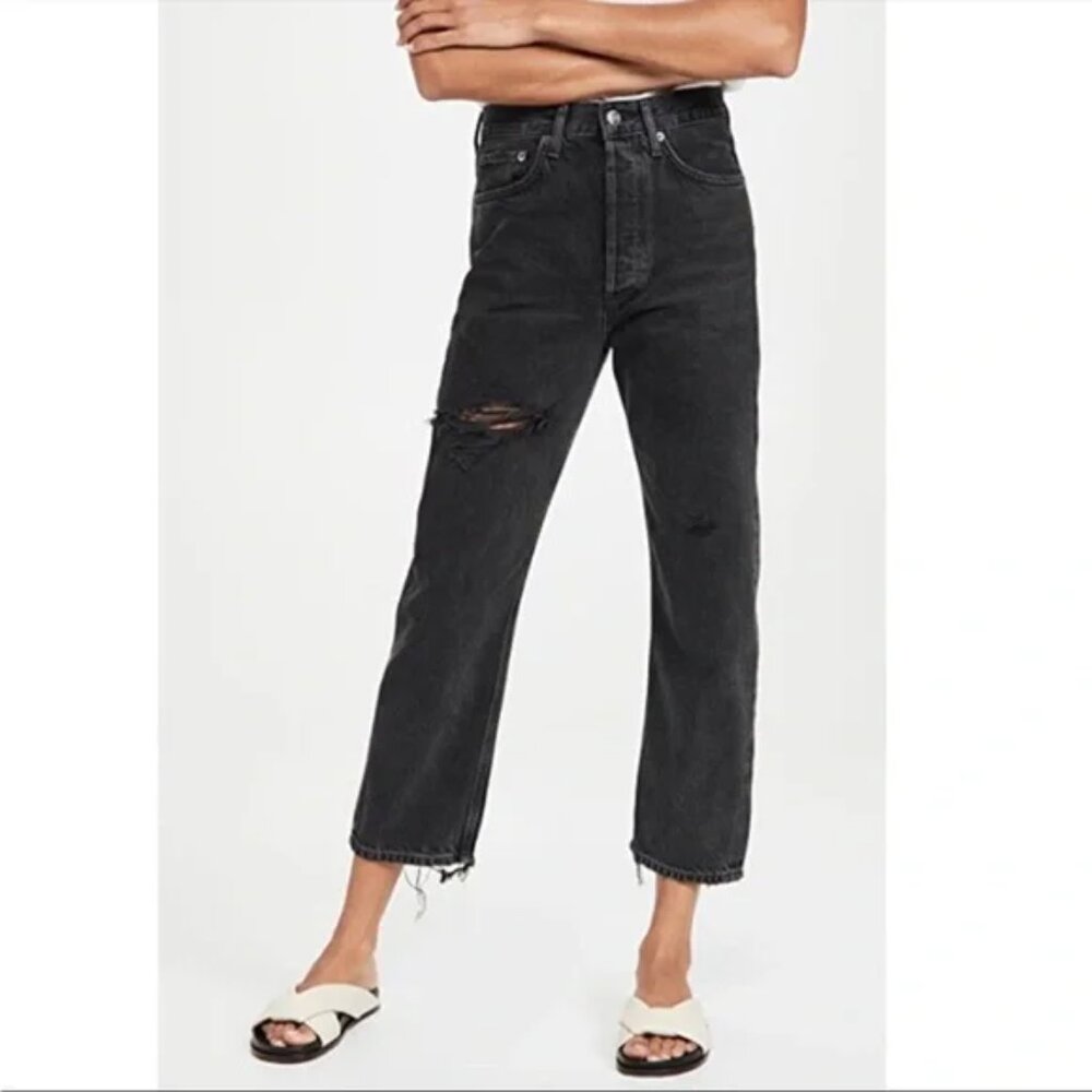 AGOLDE 90s Crop Jeans Womens 27 Black High Rise Distressed Button Fly Raw Hem